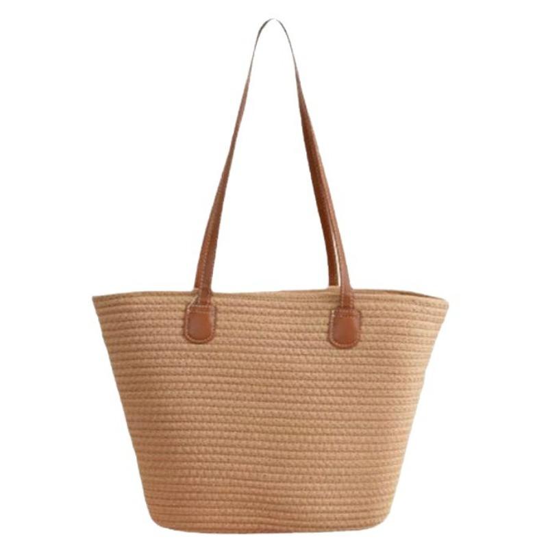 New One Shoulder Cotton Rope Straw Woven Bag Versatile Handmade Woven Bag Women's Large Capacity Tote Bag Beach Vacation Bag