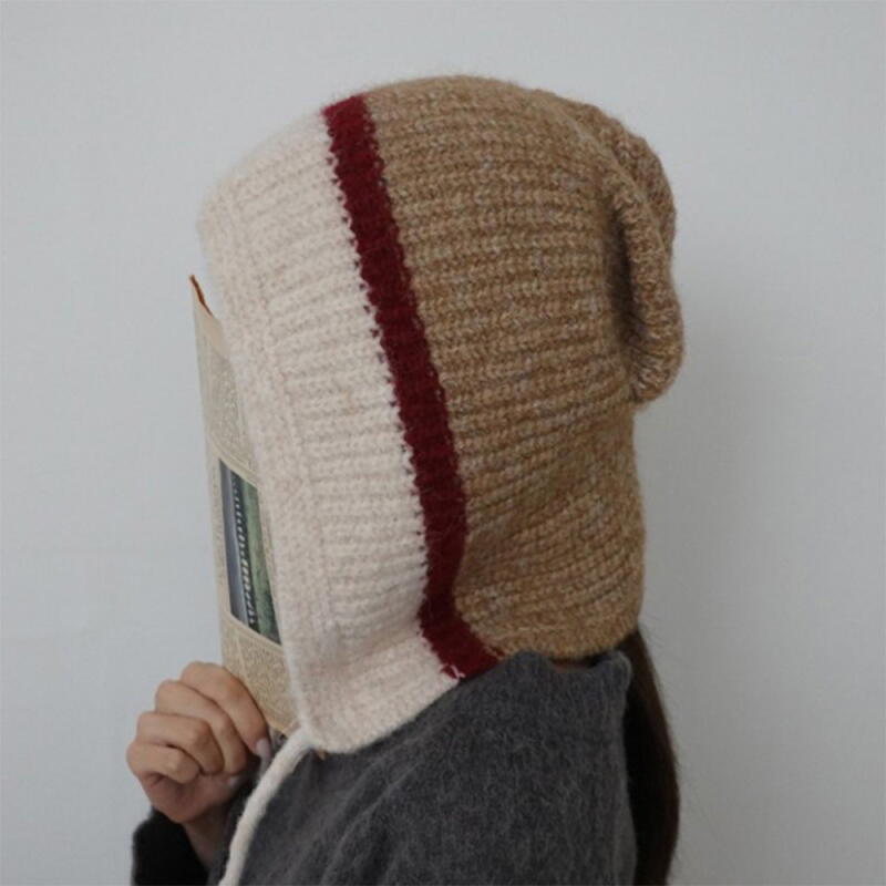 Women's Color Block Hooded Wool Knit String Balaclava Cap