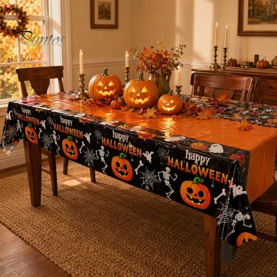 Halloween Party Decoration Happy Disposable Tablecloth, Spooky Pumpkin Ghost Skeleton Waterproof Oil-proof Tablecloth Table Cover for Kitchen