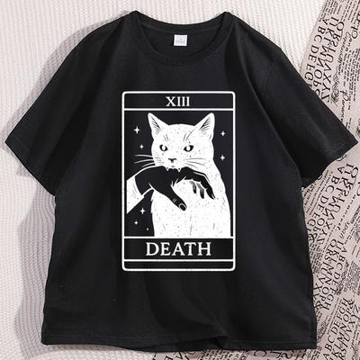 Tarotkarte Schwarze Katze T-Shirt Vintage Tarot Tod T-Shirt Hexenkatze T-Shirt Gruselige Katze Halloween T-Shirt Lässiges Kurzarm-Oberteil