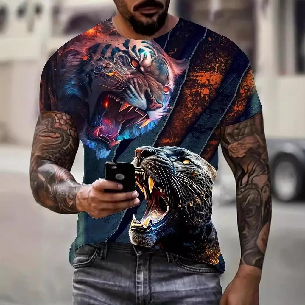 Sommar Rundhals Djurmönster 3D-tryck Topp Trendig Casual Kortärmad Herr T-shirts