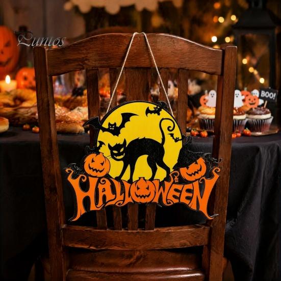 Handmade Hemp Rope Pendant Halloween Wood Door Hanger Sign, Pumpkin And Black Cat Printed, with Unique House Ornament Lanyard, Decorative Wall