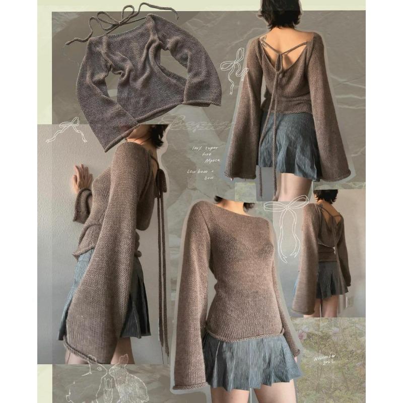 Top lavorato a maglia da donna autunnale nuovo, temperamento, manica svasata, con lacci, sexy, schiena scoperta, maglione