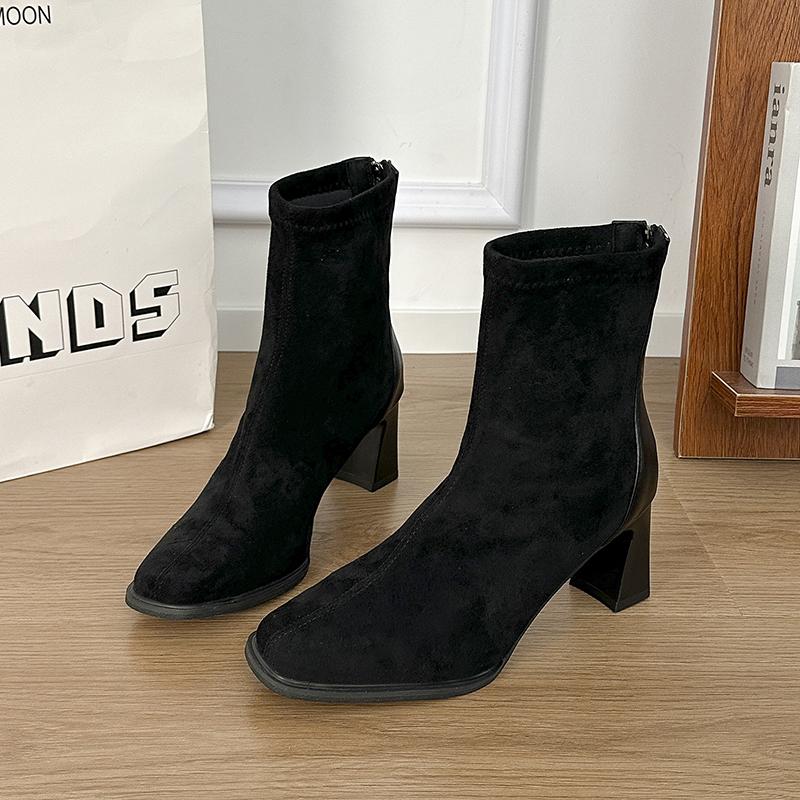 Autumn Winter Square Toe Women Thick Heel Ankle Fashion Stripper Party Female Retro Stretch Slim Short Booties