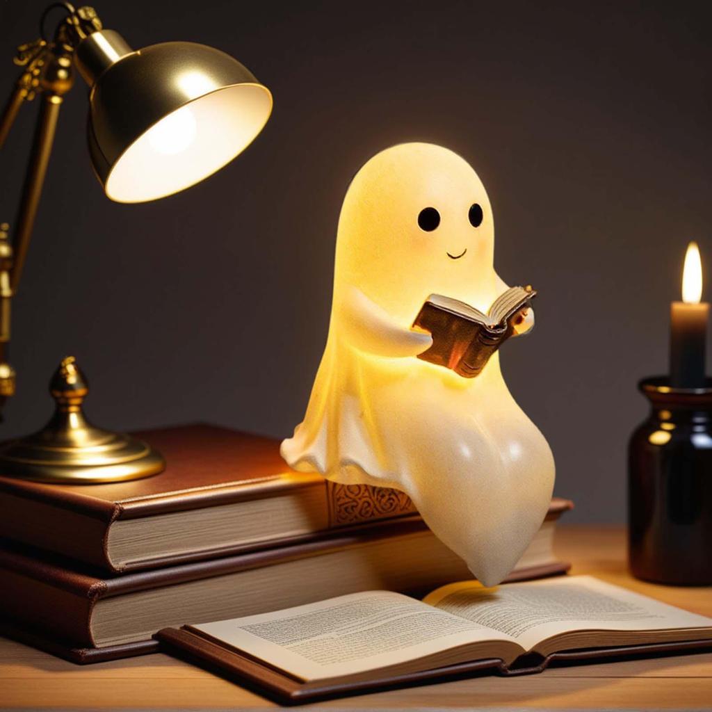 Ghost Reading Book Lamp Cute Ghost Night Light Resin Figurine Halloween Centerpiece For Bedside Tabletop Bookshelf Home Office