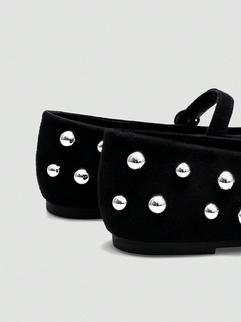 Black Mary Jane Flats, Silver Rivet Decor One-Strap Buckle, Retro Elegant Shoes