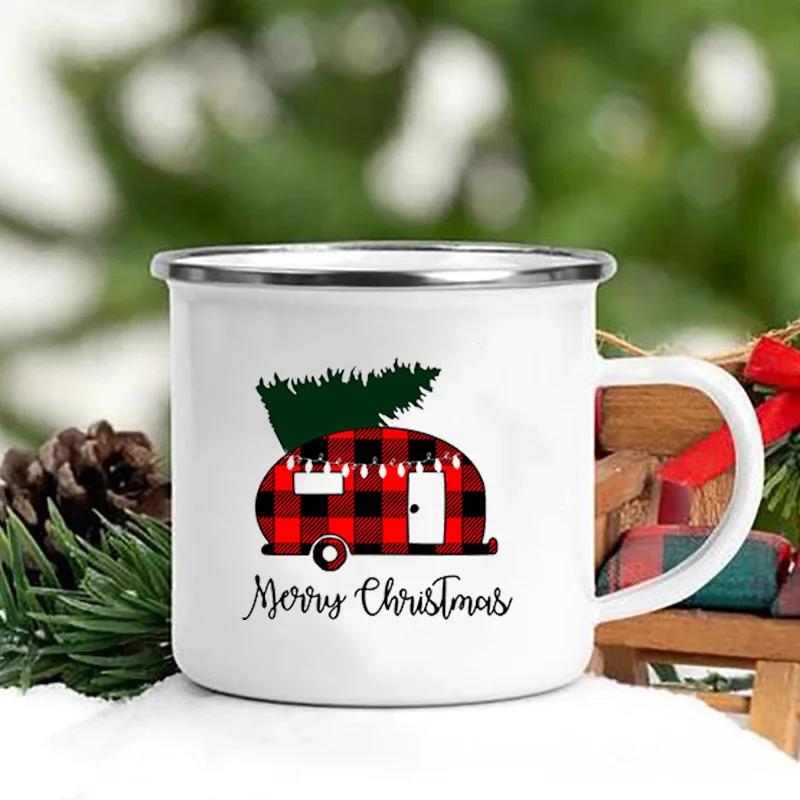 Merry Christmas Print Creative Enamel Coffee Tea Wine Drink Mug Dessert Hot Cocoa Milk Cup Cake Mugs Handle Drinkware Xmas Gifts