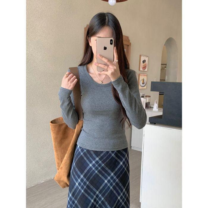2025 Spring/Autumn Korean Style Long Sleeve Women's Slimming Round Neck T-shirt