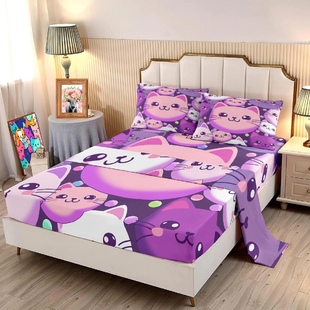 Cute Cartoon Cat Pattern Bed Hat Four-Piece Bedding Set Bedroom Dormitory Bedding Decoration