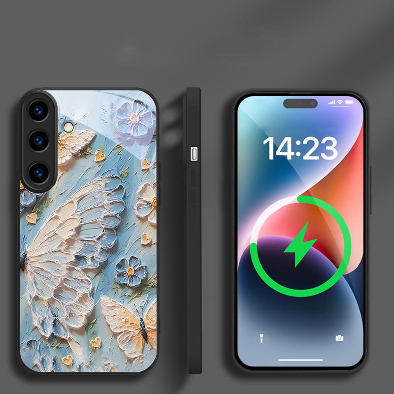Oil Painting Butterfly Suitable for Samsung Galaxy S26 Ultra S20 FE S21 S22+ 23 Plus S24 Ultra 25 Edge Black Glass Phone Casee