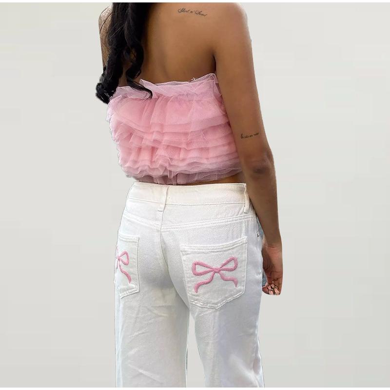 Jeans mit Schleife und Stickerei für Damen, hohe Qualität, hohe Taille, breite Beinhose, Y2k Vintage, gerade, 2025 Frühling, Sommer, einfarbige Hose