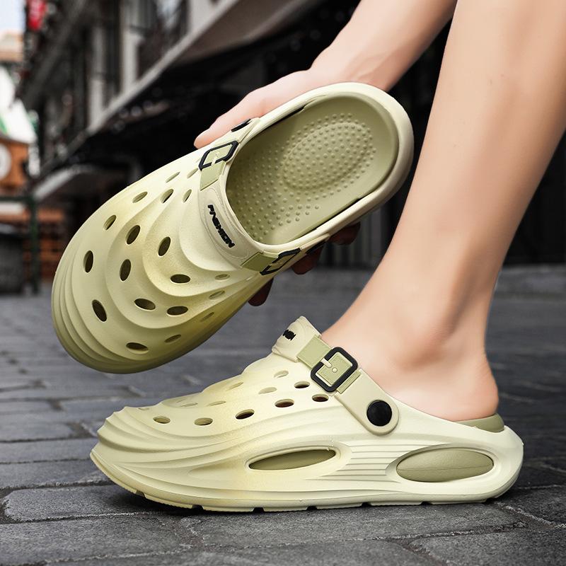 Wear hole shoes outside, men's one-word beach shoes, two wear home bag head slippers, travel thick-soled sandals