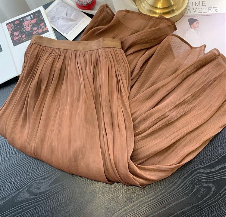 

DX~~ Высококачественная европейская юбка из струящегося газа для женщин, весенняя молочная юбка с перламутровым блеском, темпераментная ивовая мятая летняя сетчатая юбка M темно-коричневого