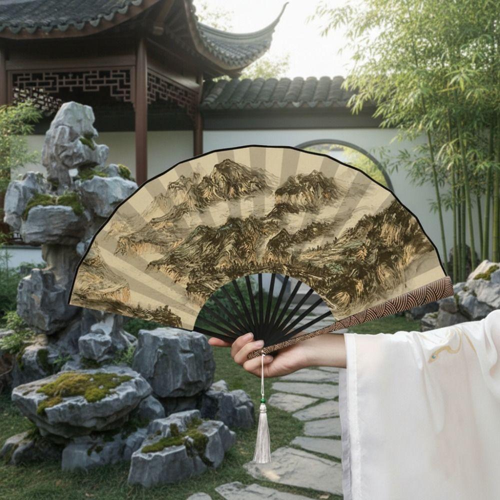 with Tassel Cloud Pattern Handle Folding Fan Sprinkled Gold Men Hand Fan Decorative Fan  Summer