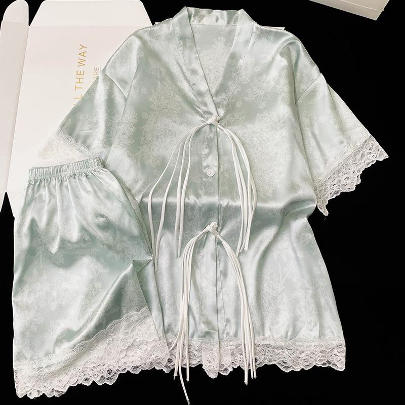 Premium French Ice Silk Pajamas Girls Short-Sleeved Shorts Wind Summer Can Wear Jacquard Loungewear M