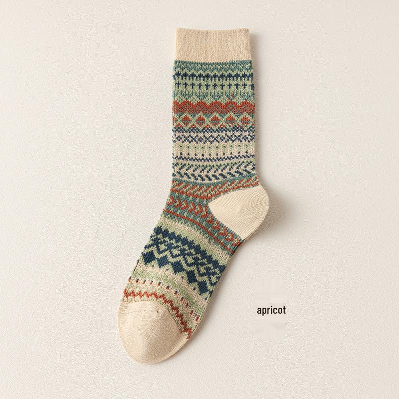 Autumn/Winter Retro Women's Y2K Mid-Calf Pile-Up Socks: Ethnic Style, Double-Needle, Odor-Resistant Cotton.