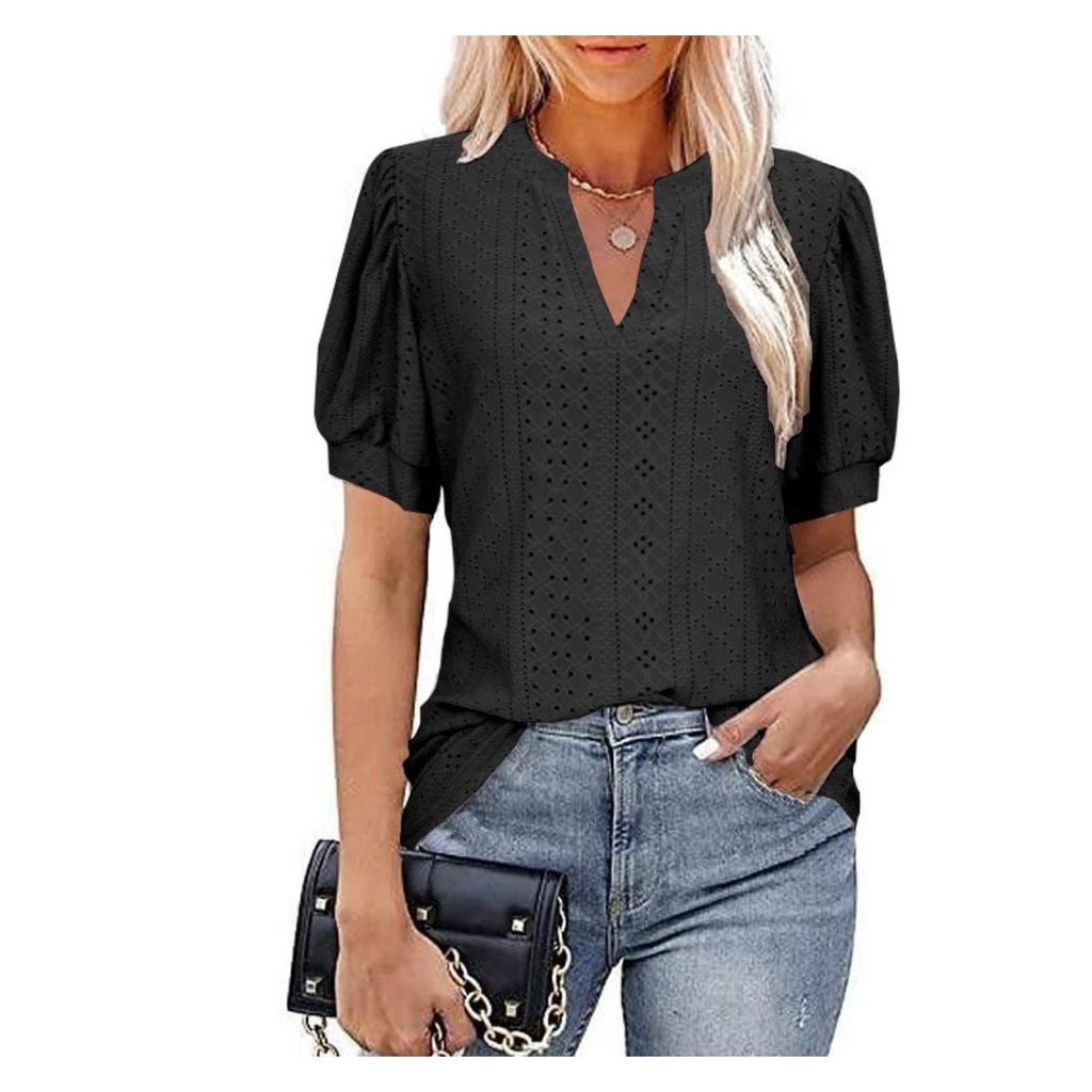 

Women Casual Vneck Tops Short Sleeve Tshirts Cut Out Lace Summer Solid Blouse S