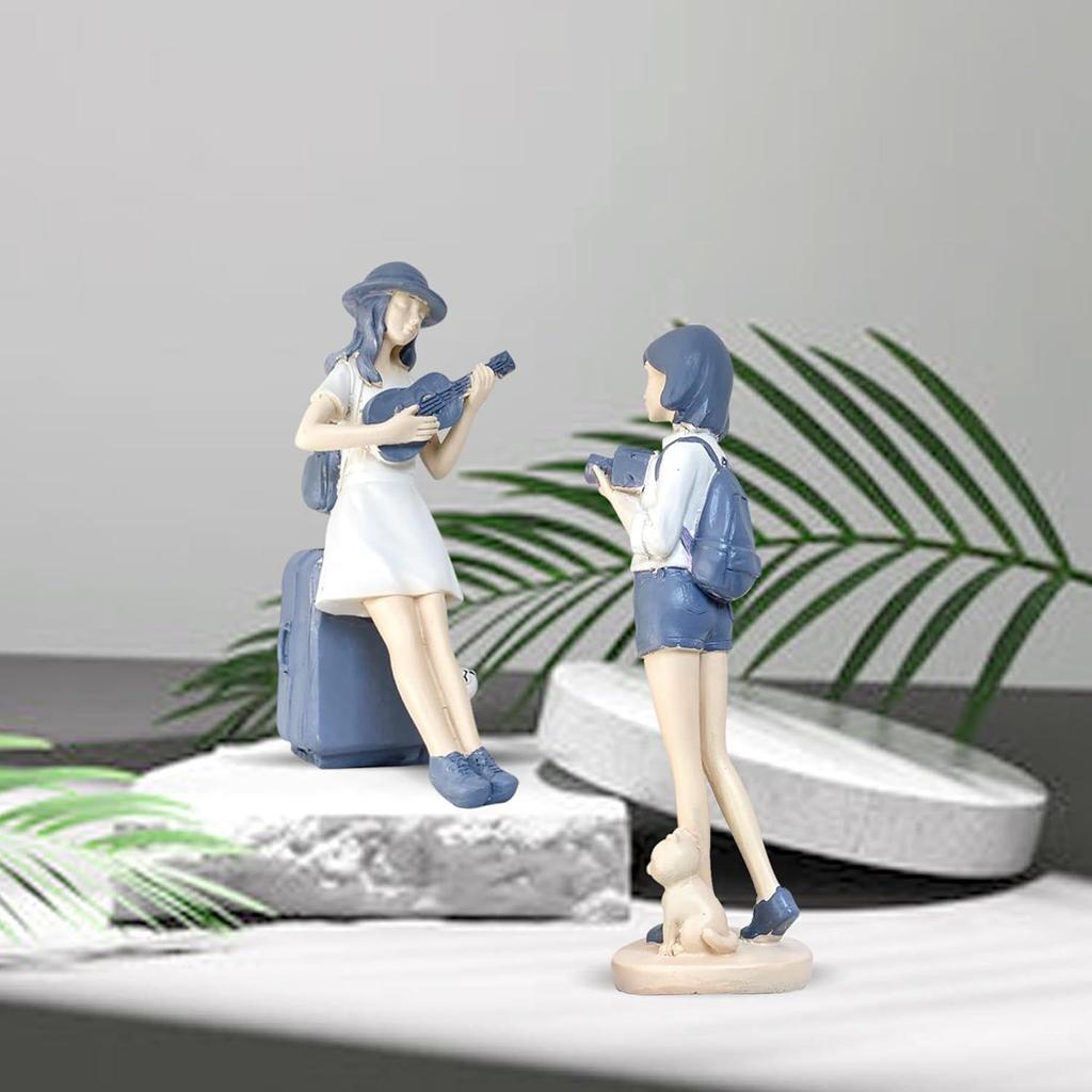 Cute and Elegant Girls Statue for Home Decor | Table Decor (Pack of 2, White & Blue)