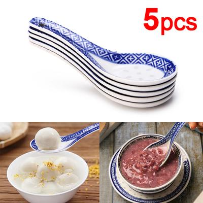 5 pezzi Comodo Cucchiaio in Ceramica Cucchiaio Stile Cinese Cucchiaio da Porridge Stoviglie Blu e Bianco Cucchiai da Zuppa per Casa Ristorante