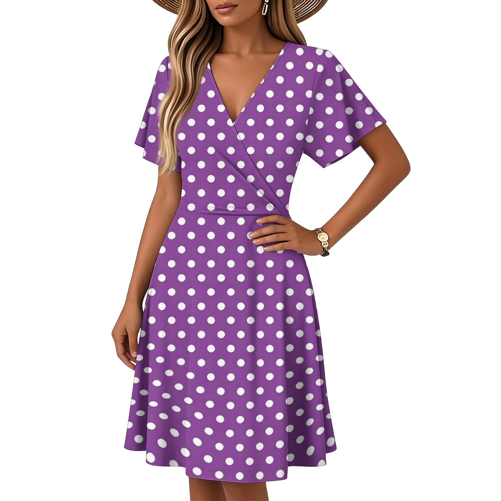 

Women’s Flare-Sleeve Short-Sleeve Casual Dress Polka-Dot Printed V-Neck Dress M фіолетовий