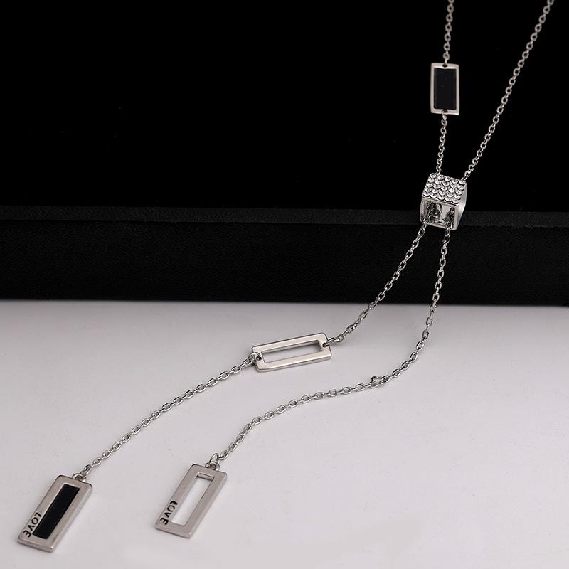 Japanese & Korean Fashion Geometric Pendant Necklace - Women's Long Titanium Steel Sweater Chain Jewelry