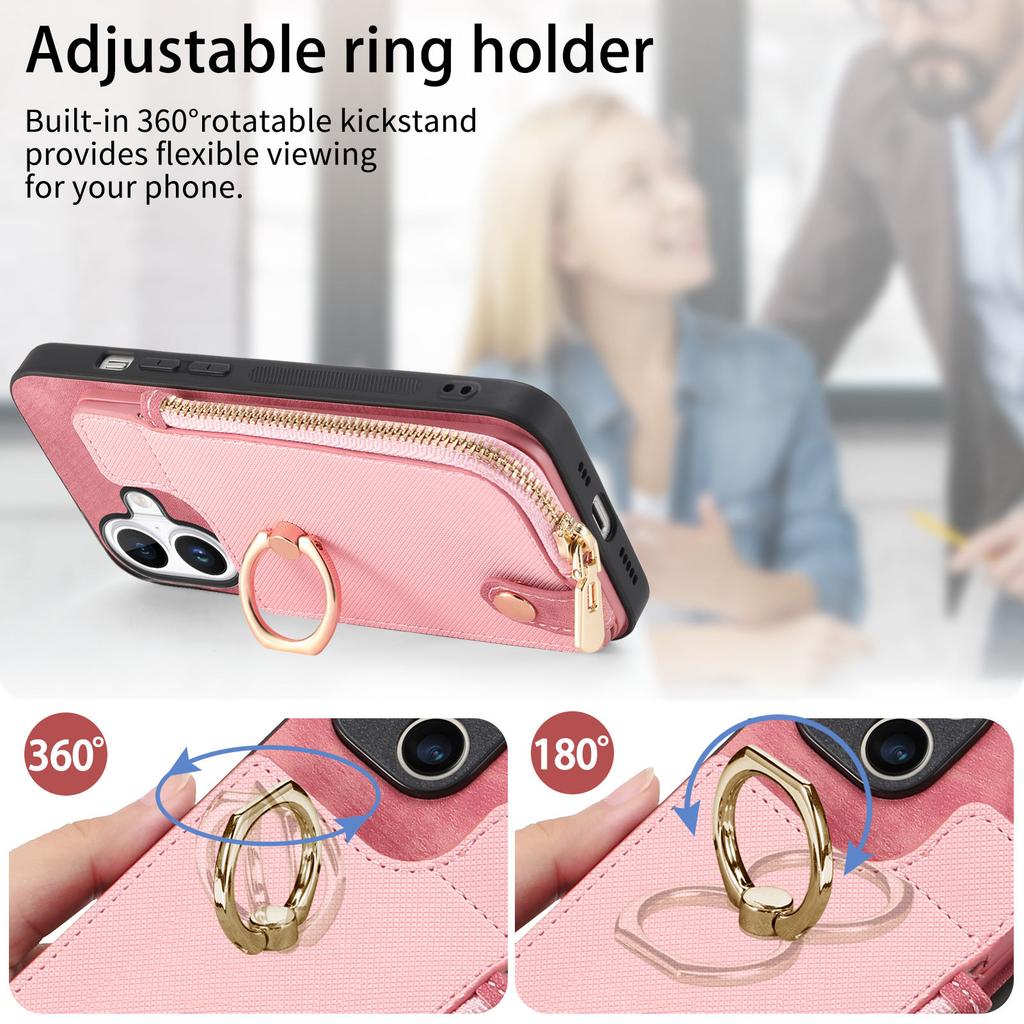 For iPhone 16 Plus Case Zipper Pocket Kickstand Leather Phone Back Cover