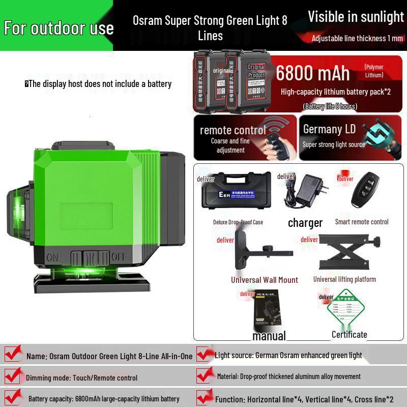 16-Line High-Precision Integrated Laser Level with Infrared & Green Light for Wall & Floor