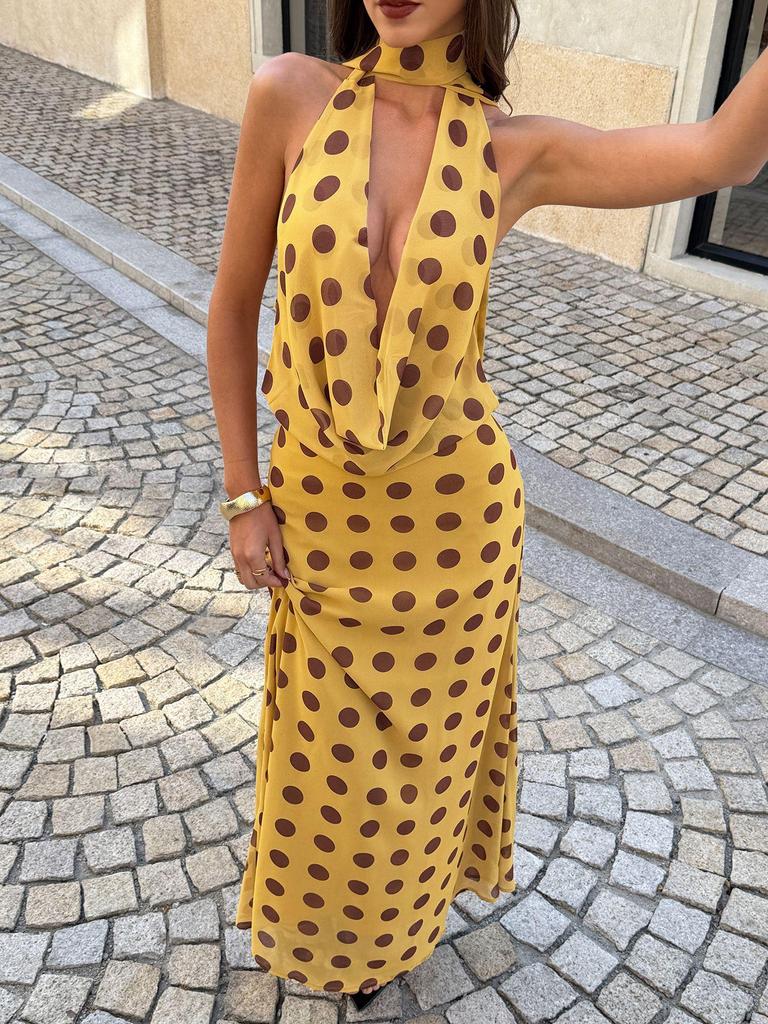 Abito da Donna Elegante Retrò a Pois con Scollo a V Profondo Primavera/Estate 2026