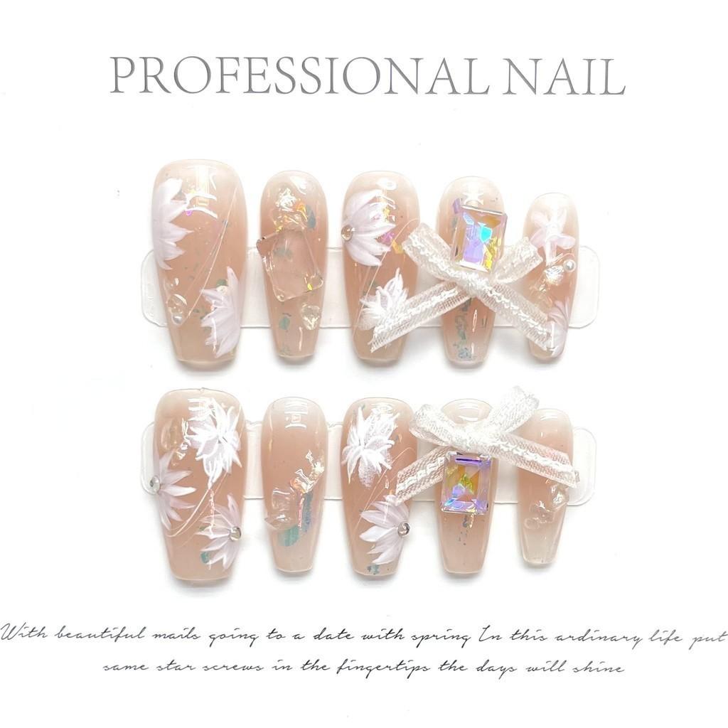 100% HANDMADE Artificial Nail Medium Coffin Shape French Bow Crystal Ice Transparent Gradient Carving Press On Nails Fake Nails Reusable