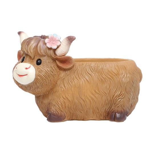 Highland Cow Planter Cute Cartoon Cattle Resin Plant Pot Rustic Animal Flower Pot with Drainage Hole for Outdoor Indoor Backyard Balcony Home Desk