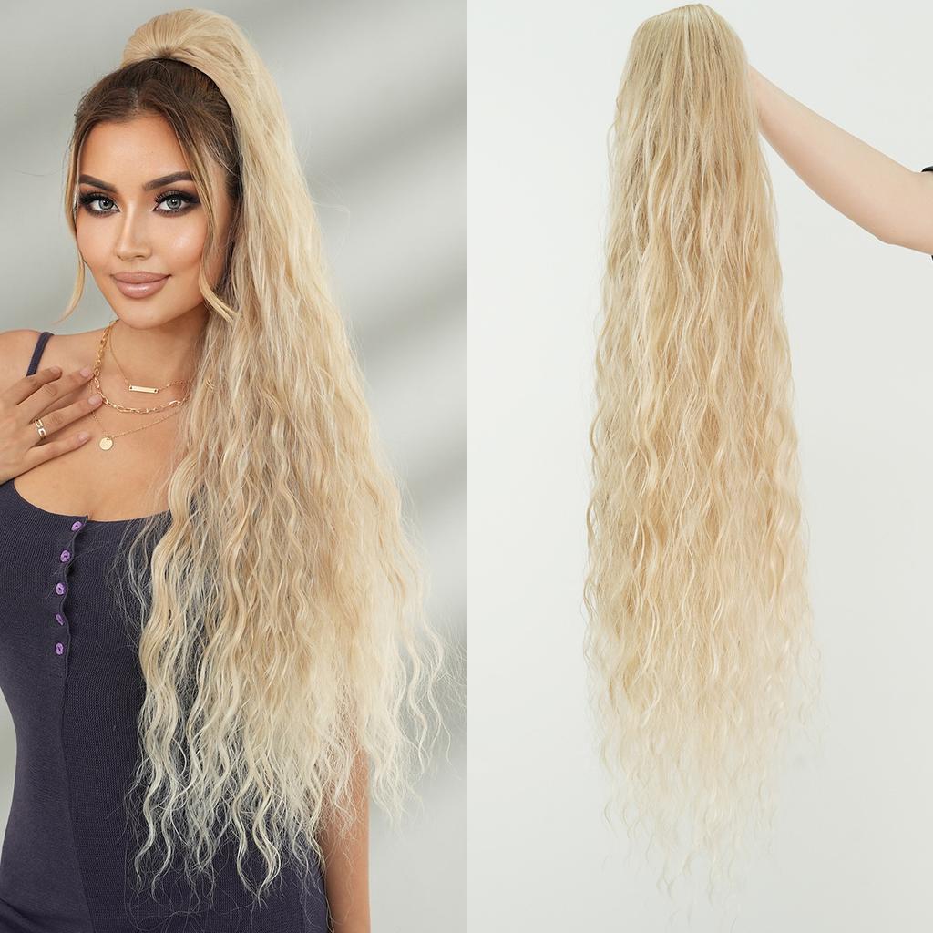 Damen Mode Flauschig 36 Zoll Extra Lang Lockiger Pferdeschwanz Erweiterung Zugband Wasserwelle Pferdeschwanz mit Elastischem Netz