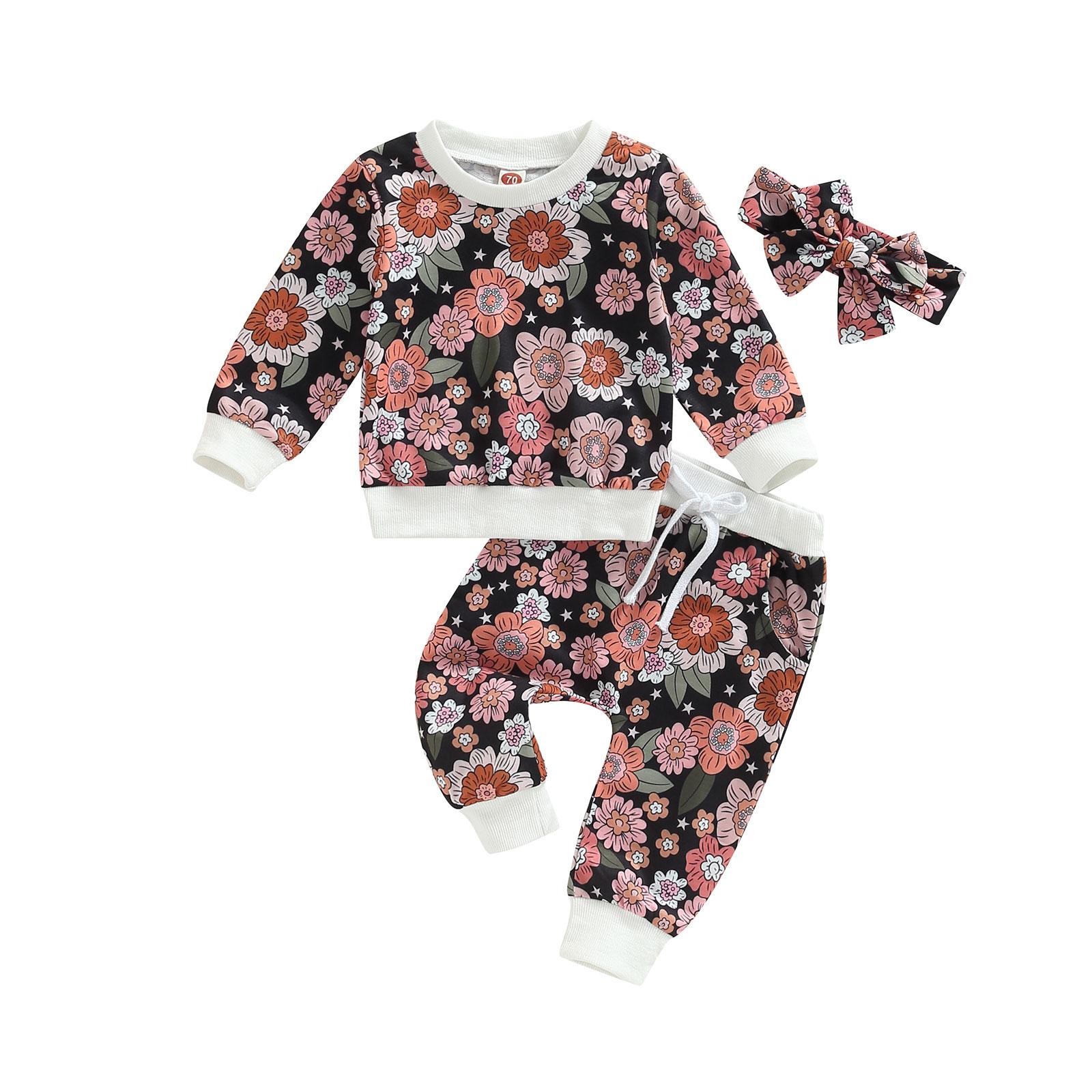 

Комплект из 3 предметов для маленьких девочек, толстовки с круглым вырезом и длинными рукавами с цветочным принтом, топы + длинные брюки с эластичной резинкой на талии + повязка на голову 2-3 Years чёрный