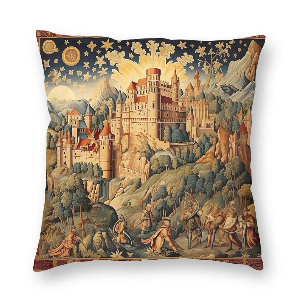 Federa Cuscino Quadrata Castello Medievale Riccamente Decorata Poliestere Lino Velluto Fantasia Zip Decorativa Federa Cuscino da Lancio Copricuscino per Auto