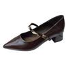 French brown pointed thick heel single shoes women's spring and autumn new retro metal one-word with light mouth Mary Jane shoes