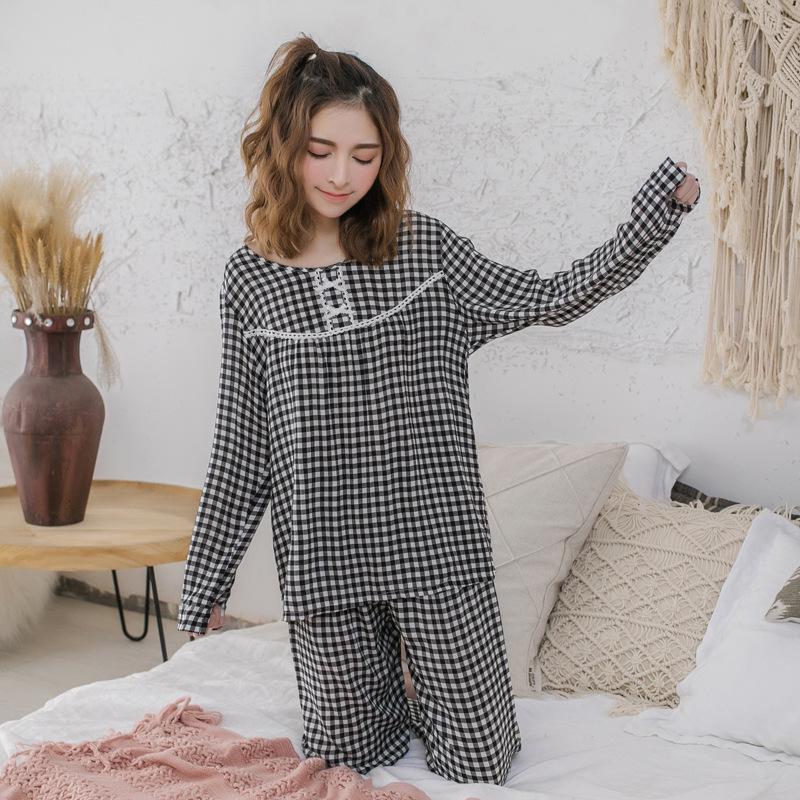 

Женский летний пижамный комплект из хлопка и шелка, свободного кроя, больших размеров, универсальный для улицы, в корейском стиле, костюм для кондиционирования воздуха, с длинными рукавами, свежий дизайн. XXL чёрный