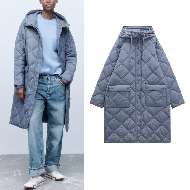 Autumn and Winter New Fashion Casual European and American Hood Loose Mid-Length Rhombus Cotton-padded Jacket Coat Outerwear 2969249