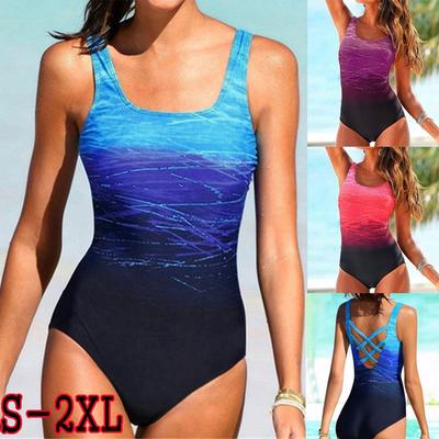 Gradient Color One-piece Swimsuit Plus Size Swimsuit Women Open Back Swimwear Bikini Bathing Swimwear