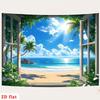 2D flat banner  1 piece. Tropical beach window scene with palm tree landscape art polyester background fabric.