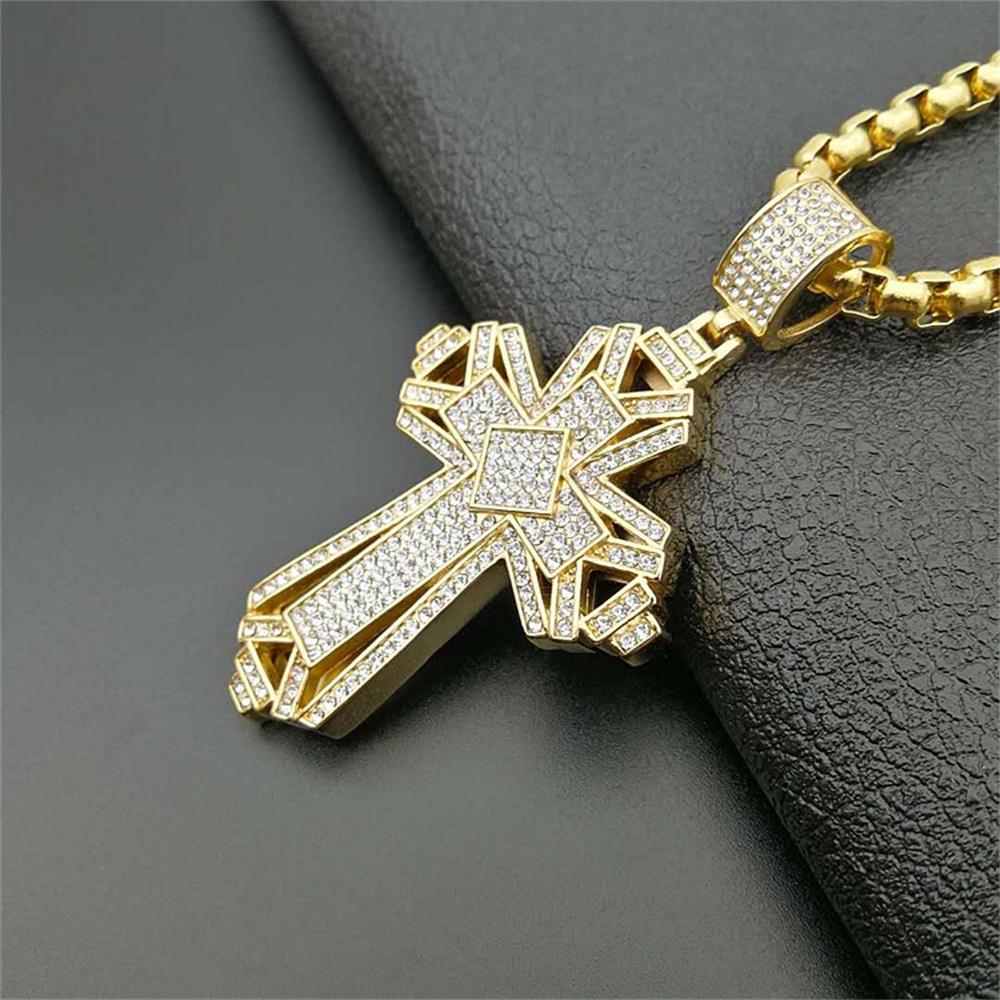 Collana Hip Hop Iced Out Bling Croce di Gesù Colore Oro Acciaio Inossidabile Cristiana Grande per Uomo Gioielli Religiosi Regalo Maschile