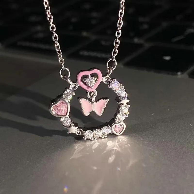 Y2K Pink Zircon Bow Knot Heart Pendant Necklace for Women Romantic Aesthetic Butterfly Clavicle Chain Aesthetic Jewelry Gifts