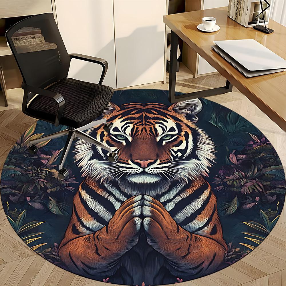 1pc Tiger Print Carpet, Round Non Slip Durable Large Size Office Carpet, Suitable for Office