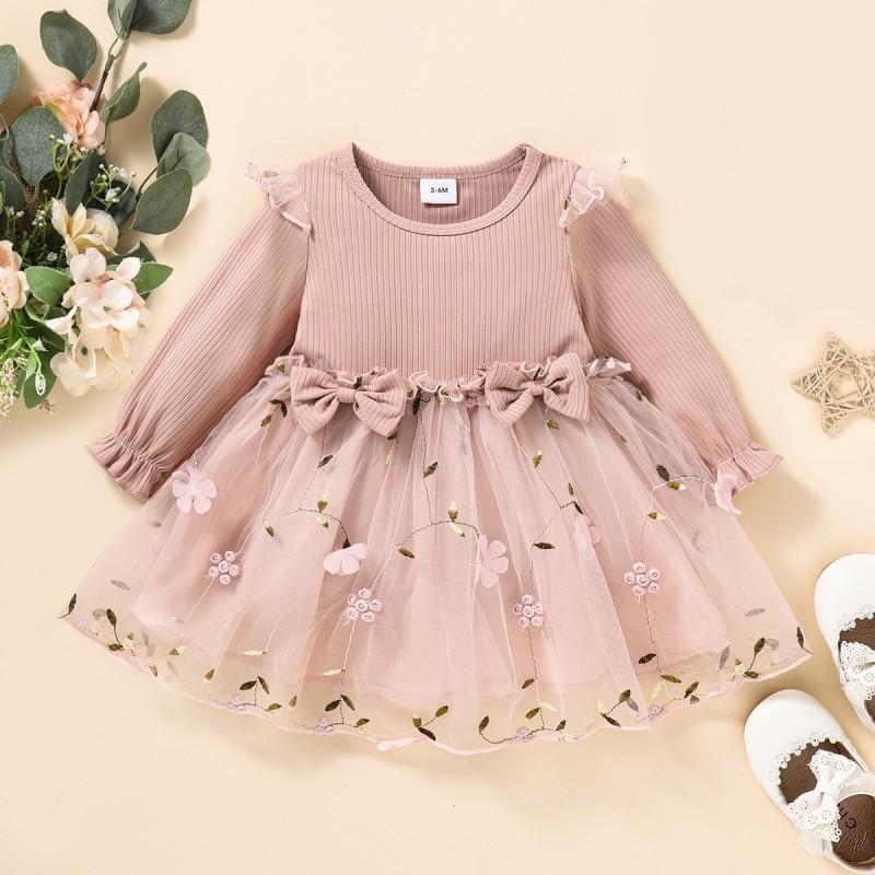 Baby Girls Princess Dress Long Sleeve Mesh Embroidery Bow Party Gown Fall