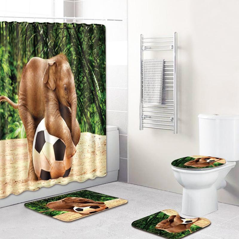 Elephant Lion Animal Shower Curtain Floor Mat Combination Set Toilet Carpet Shower Room Mat Foot Mat