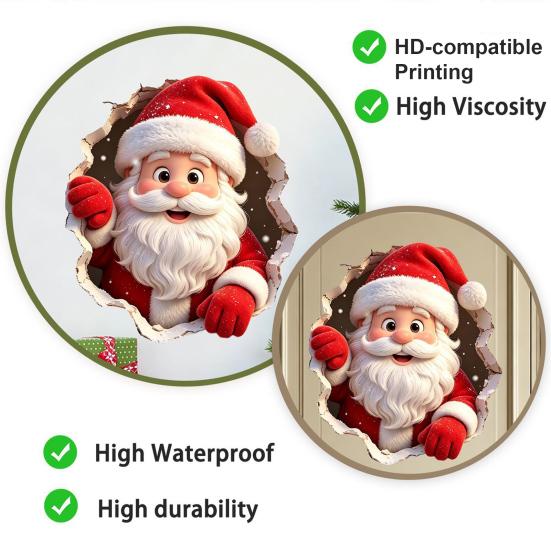 Holiday Home Decor Wall Art 3D Christmas Santa Claus Stickers, Self Adhesive PVC Decals with Realistic Breaking Festive for Effect, Peel And