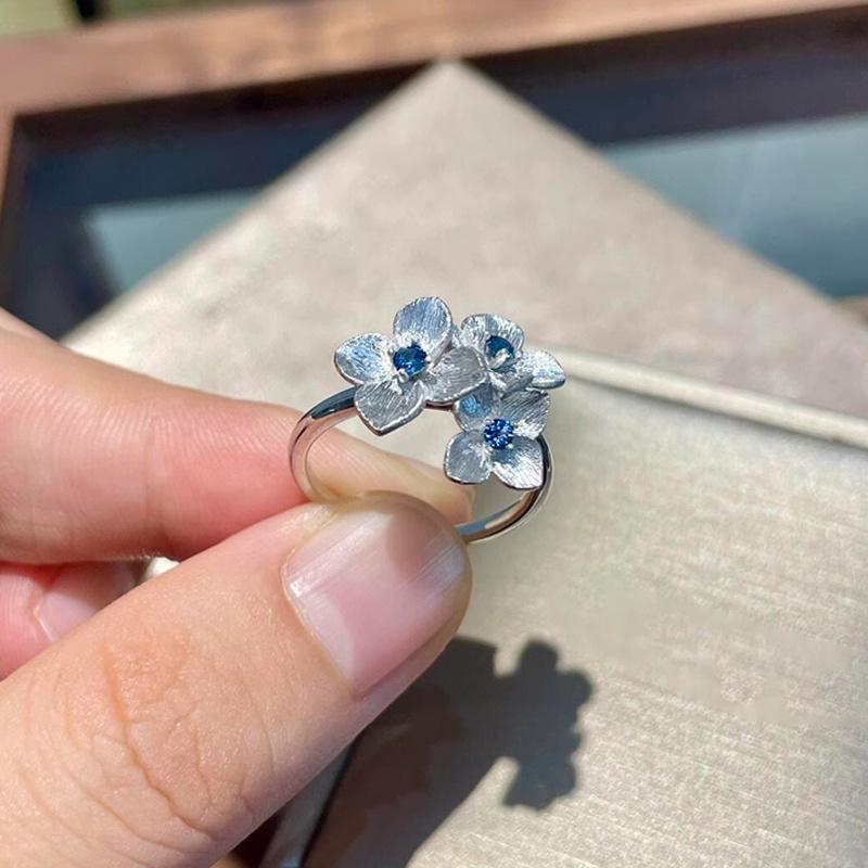 925 Sterling Silver Blue Zircon Flower Ring: Women's Luxury Chinese Style Index Finger Accessory