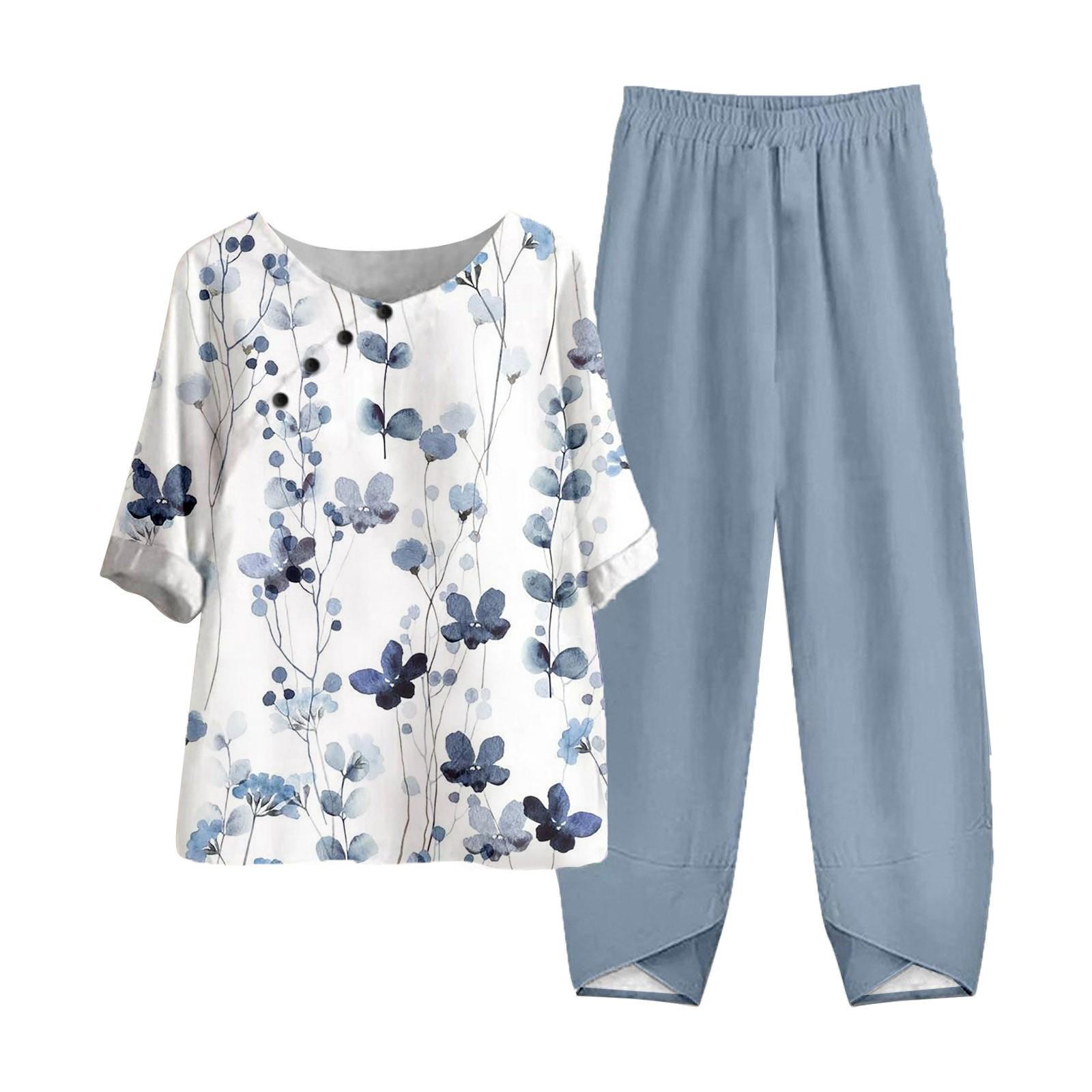 

Женские летние топы с короткими рукавами и принтом, эластичная талия, брюки из девяти предметов, комплект из двух предметов XL белый