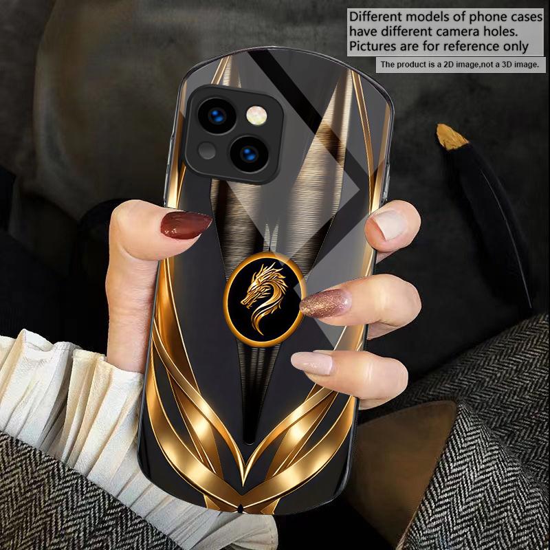 Golden dragon pattern gray For iPhone 17 16 15 14 Pro 13 Plus 12 mini 11 Pro Max XR X S 7 8 Elliptical Tempered Glass Phone Case