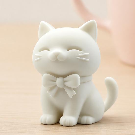 3D Printed Cute Cat Ornament, Mini Size Matte White Cat Figurine with Bow Tie, Desktop Decoration for Home Office Car, Small Gift for Cat Lovers
