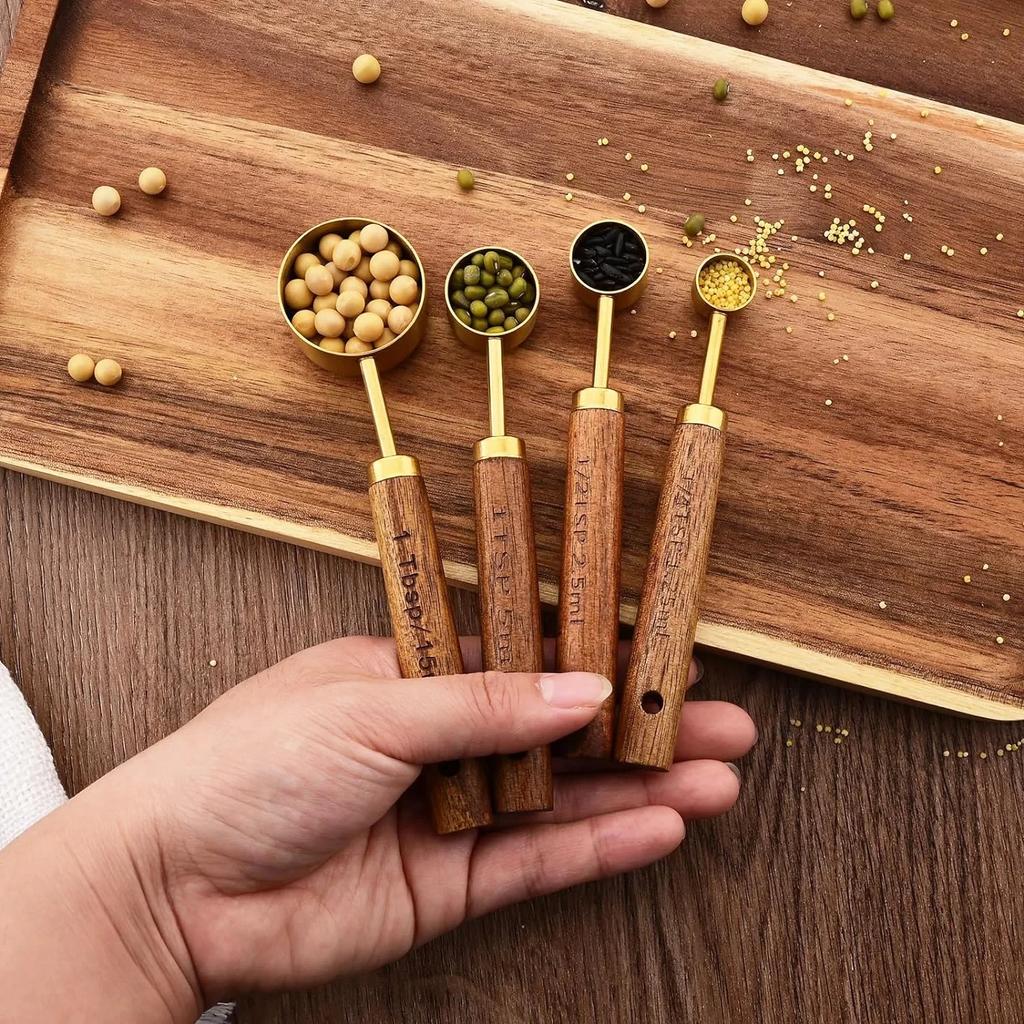 8Pcs Gold Kitchen Baking Tools Bakeware Measuring Tools Scales Set Stainless Steel Measuring Cups and Spoons With Wooden Handle