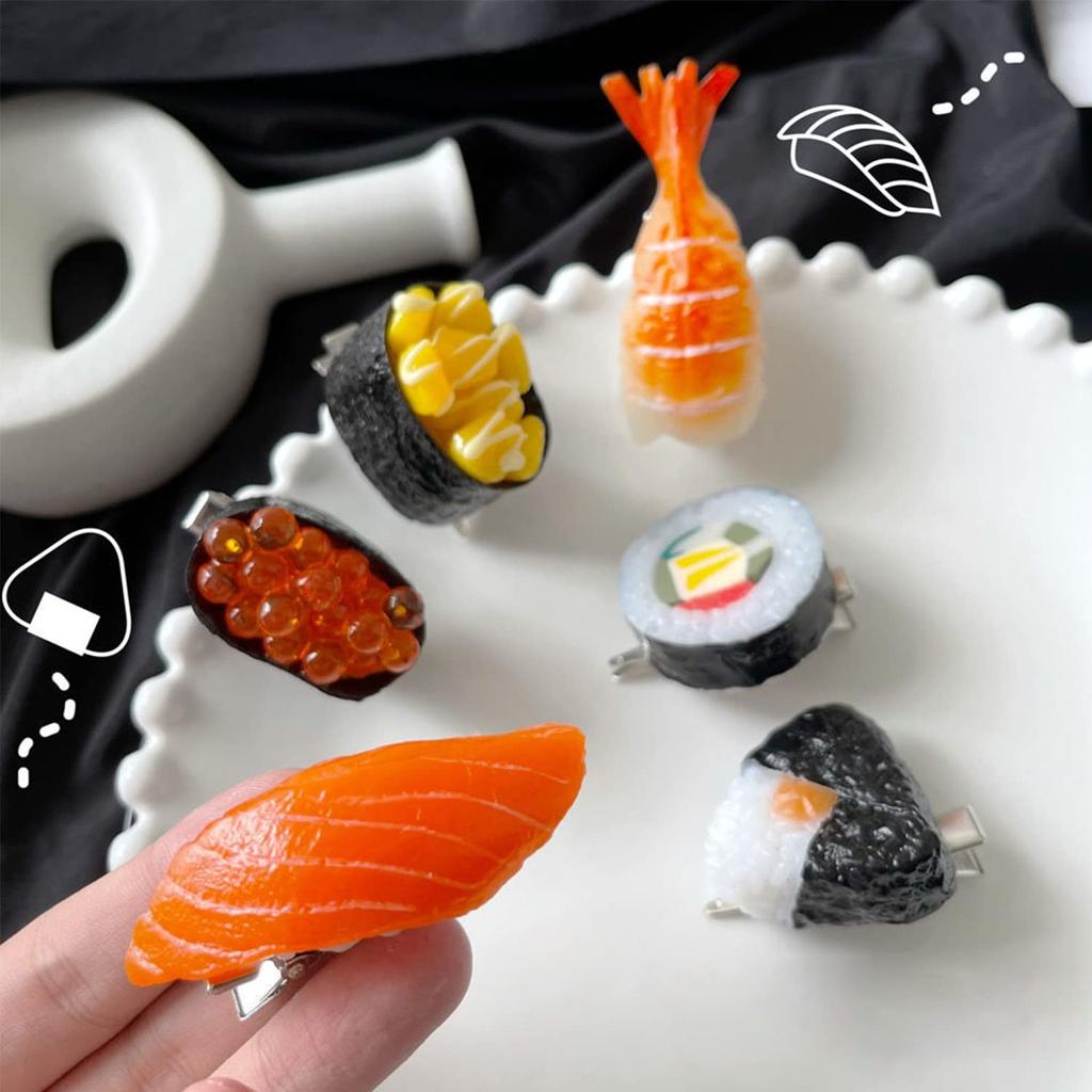 Food Sample Simulation Sushi Hair Fun Hair Accessories for Cute Hair Clips for Salmon and Onigiri Hairpins 6-Piece Clips, Adults, Bangs,